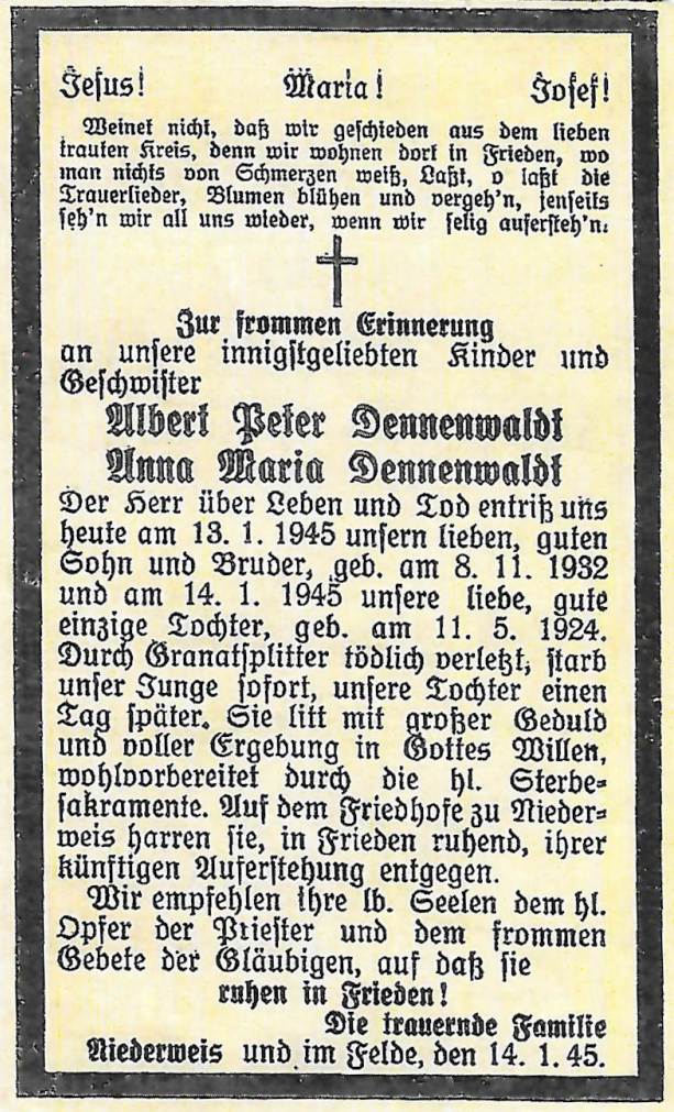 Totenzettel Geschwister Dennenwaldt