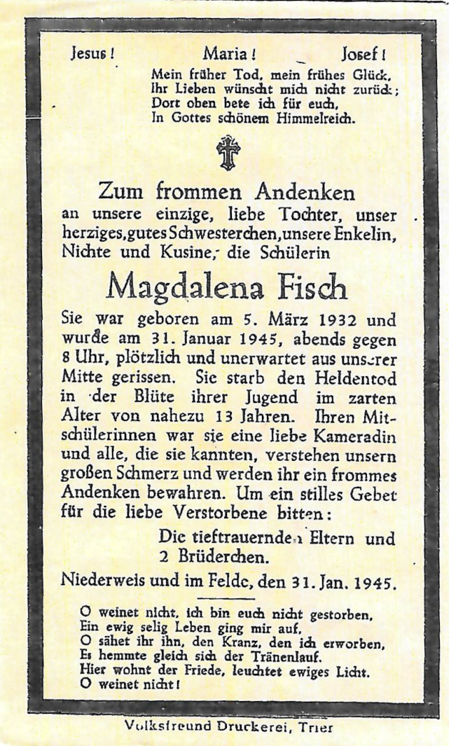 Totenzettel Magdalena Fisch